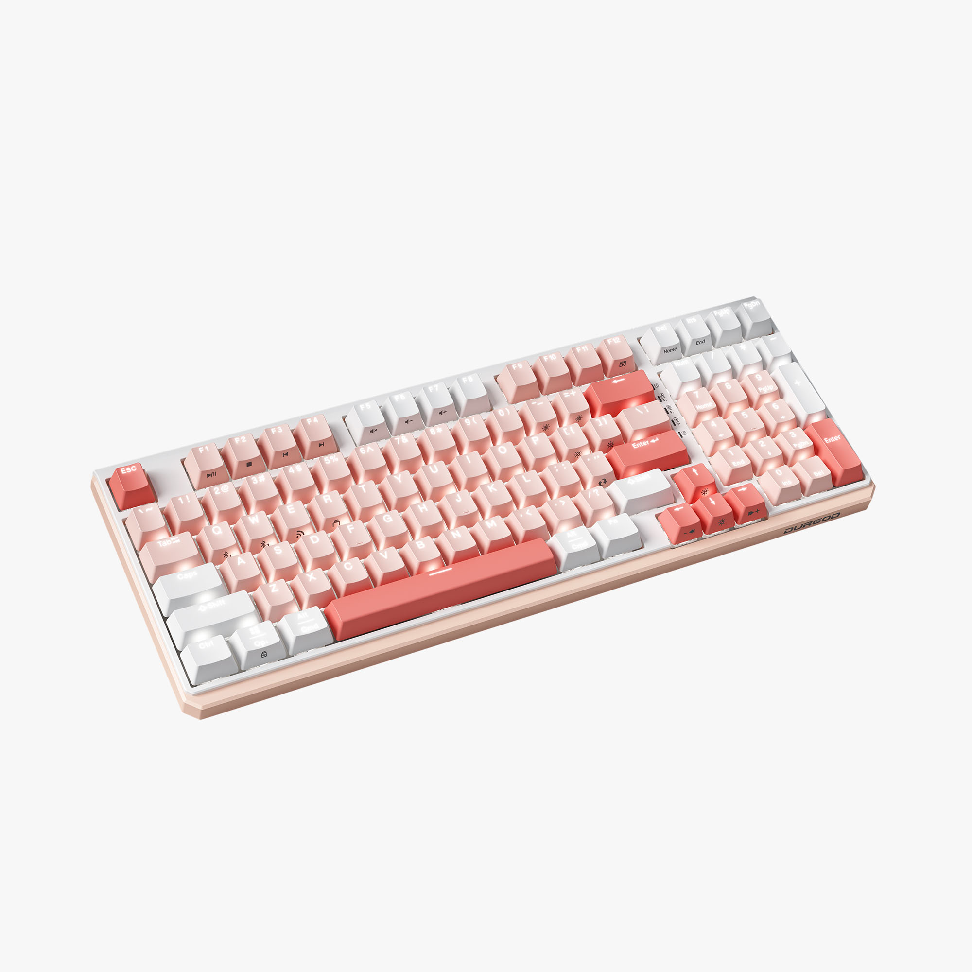 Pink tri-mode mechanical keyboard with 99-keys compact layout.
